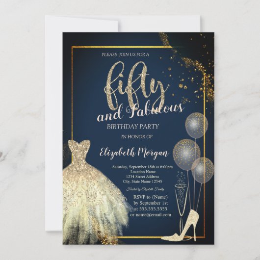 High Heels,Dress,Stars Navy Blue 50th Birthday  招待状 (正面)