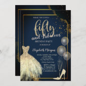 High Heels,Dress,Stars Navy Blue 50th Birthday  招待状 (正面/裏面)