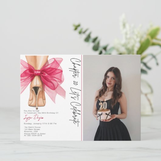 High Heels Pink Bow 20th Birthday Party Photo 招待状 (スタンド正面)