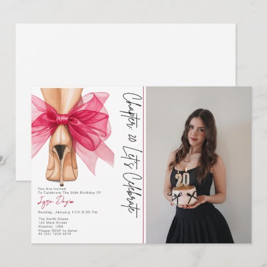 High Heels Pink Bow 20th Birthday Party Photo 招待状 (正面/裏面)