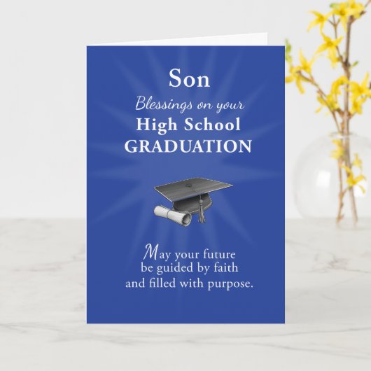 High School Graduation Son Religious Blue カード (黄色い花)