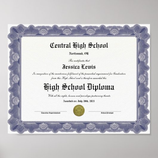 High School Keepsake Graduation Diploma  ポスター (正面)