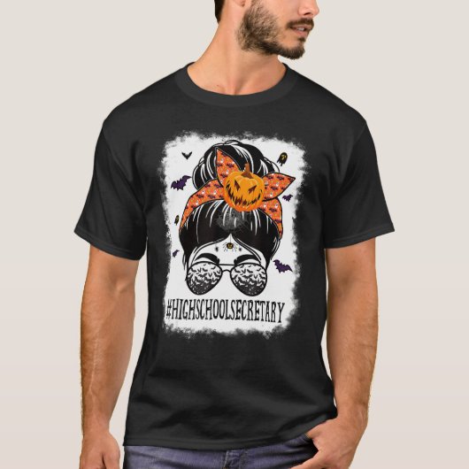 High School Secretary Messy Bun Spooky Bat Orange  Tシャツ (正面)