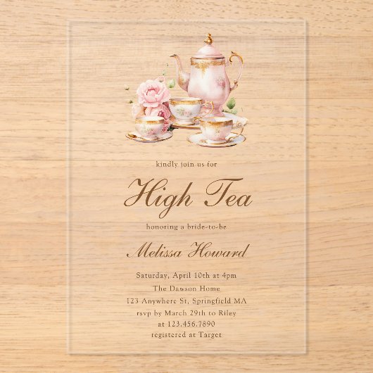 High Tea Pastel Gold Bridal Shower アクリル招待状 (正面)