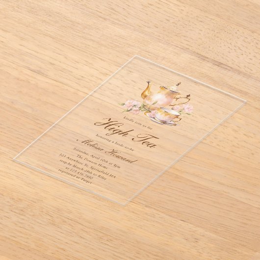 High Tea Pastel Gold Bridal Shower アクリル招待状 (レイダウン)