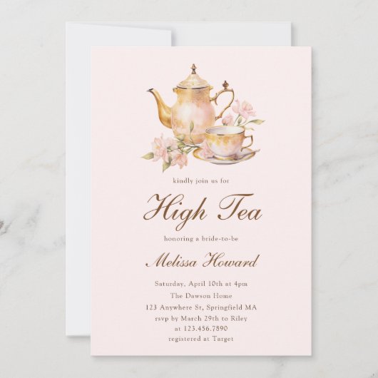 High Tea Pastel Pink Gold Bridal Shower 招待状 (正面)