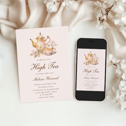 High Tea Pastel Pink Gold Bridal Shower 招待状