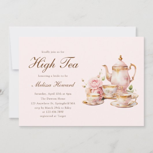 High Tea Pastel Pink Gold Bridal Shower 招待状 (正面)