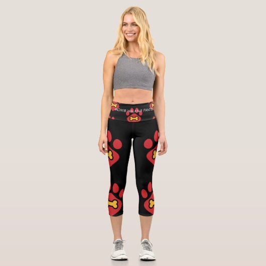 High-Waisted Capri Leggings – Red Pawprint & Bone カプリレギンス (正面)