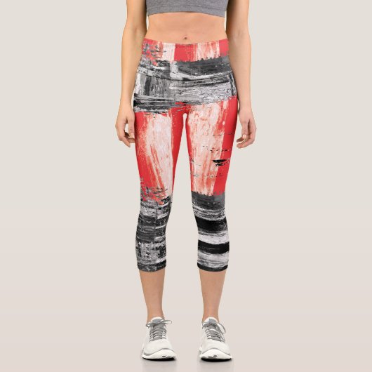 High Waisted Capris – Red Pulse Abstract Design カプリレギンス (正面)