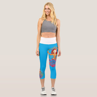 High Waisted Capris with Yoga Woman Rainbow Design カプリレギンス