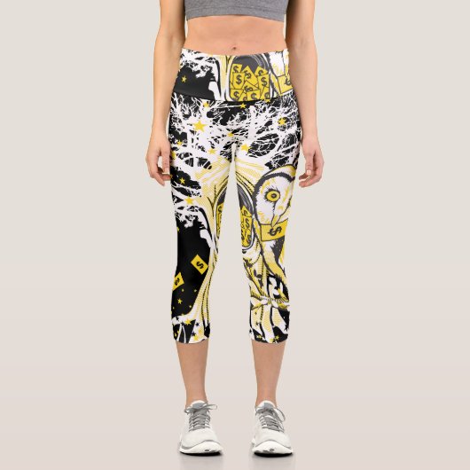 High Waisted Yoga Capris – Owl Abstract カプリレギンス (正面)