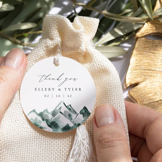 Highland | 水彩画の山の結婚式のお礼 フェイバータグ