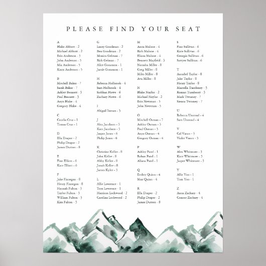 Highland | Alphabetical Wedding Seating Chart ポスター (正面)