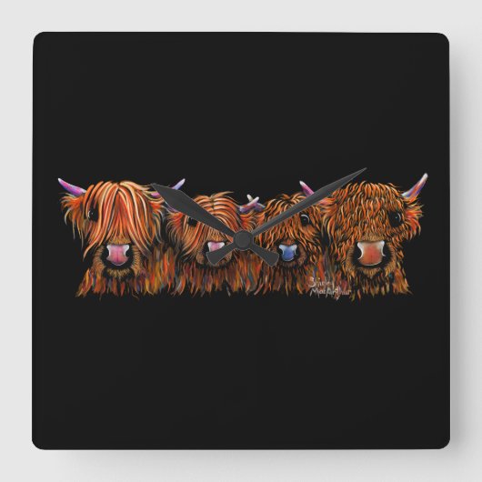HiGHLaND CoWプリントSCoTISH 'ThE GiNGeR NuTS ' スクエア壁時計 (正面)
