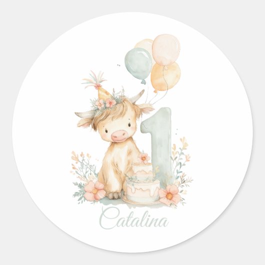 Highland Cow 1st Birthday ラウンドシール (正面)