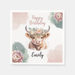 Highland Cow Birthday Napkins Girl Boho Farm Party スタンダードカクテルナプキン