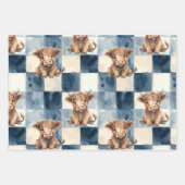 Highland Cow Blue Checkered Watercolor Cute ラッピングペーパーシート (正面3)