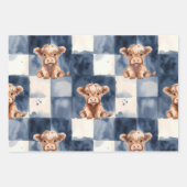 Highland Cow Blue Checkered Watercolor Cute ラッピングペーパーシート (正面2)