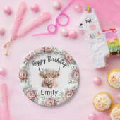 Highland Cow Boho Watercolor First Birthday ペーパープレート (パーティー)