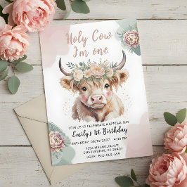 Highland Cow Boho Watercolor First Birthday 招待状