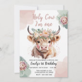 Highland Cow Boho Watercolor First Birthday 招待状 (正面)