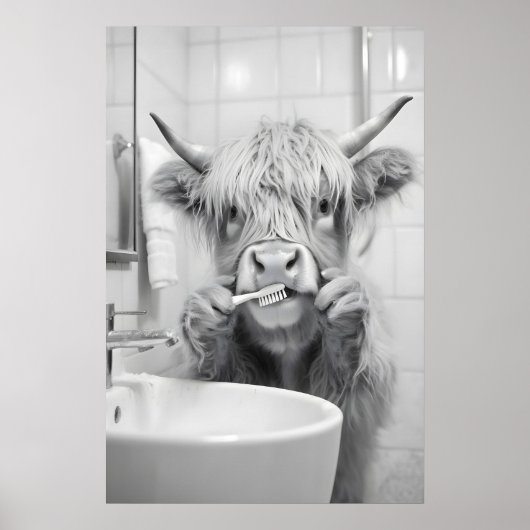 Highland Cow Brushing Teeth Print, Funny Bathroom ポスター (正面)