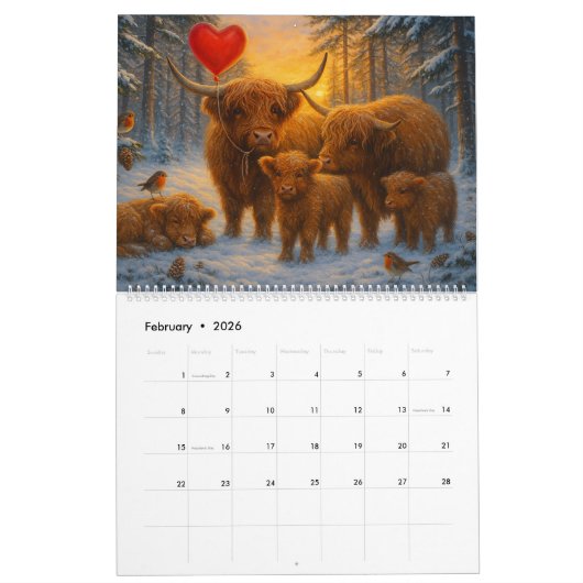 Highland Cow Calendar カレンダー (2月 2026)