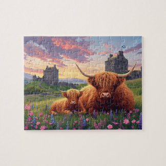 Highland Cow Calf Scottish Castle Sunset ジグソーパズル