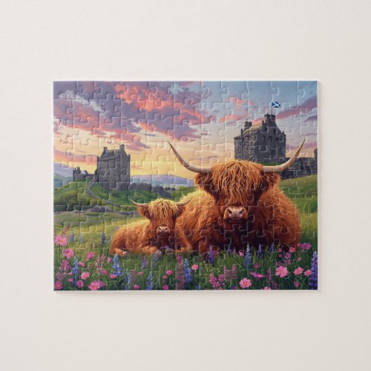 Highland Cow Calf Scottish Castle Sunset ジグソーパズル (横)