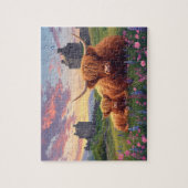 Highland Cow Calf Scottish Castle Sunset ジグソーパズル (縦)