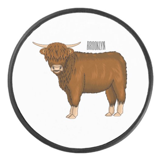 Highland cow cartoon illustration  アイスホッケーパック (正面)