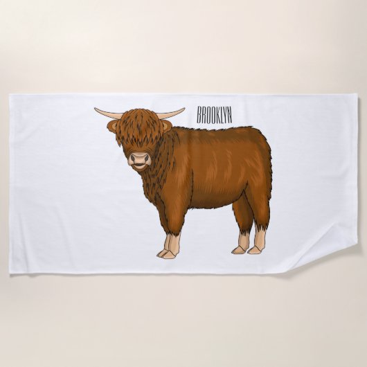 Highland cow cartoon illustration ビーチタオル (正面)