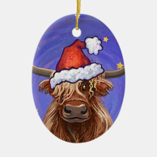 Highland Cow Christmas セラミックオーナメント (正面)