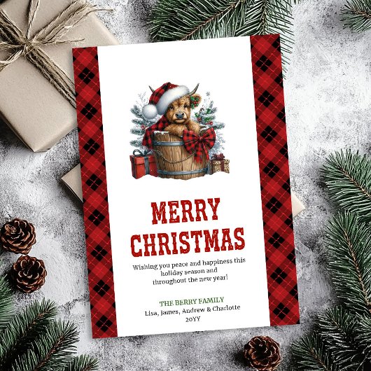 Highland cow Christmas card with holly berries シーズンカード