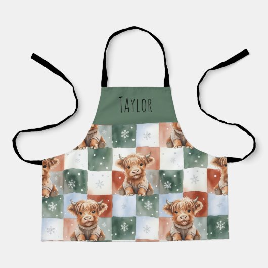 Highland Cow Christmas Crew Personalized Kids エプロン (正面)