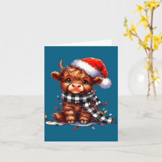 Highland Cow Christmas Santa Hat Mooey Xmas Heifer カード (黄色い花)