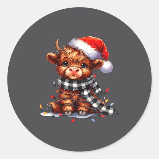 Highland Cow Christmas Santa Hat Mooey Xmas Heifer ラウンドシール (正面)