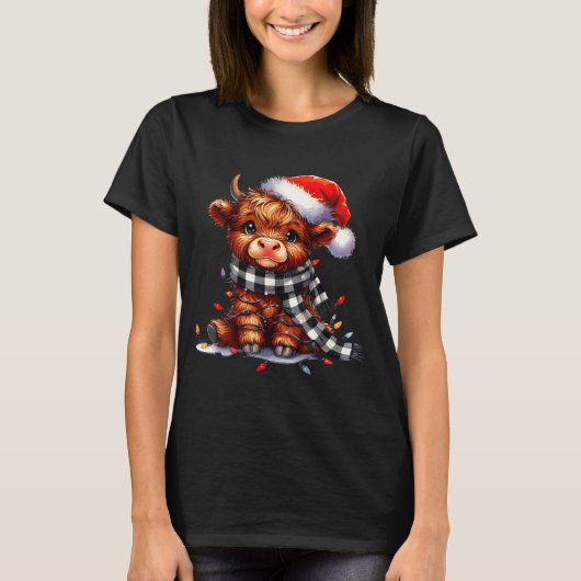Highland Cow Christmas Santa Hat Mooey Xmas Heifer Tシャツ (正面)