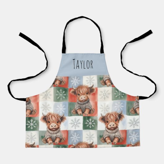 Highland Cow Christmas Snowy Personalized Kids エプロン (正面)