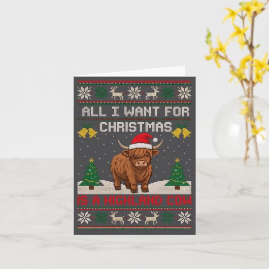 Highland Cow Christmas Ugly Sweater Style Festive  カード (黄色い花)