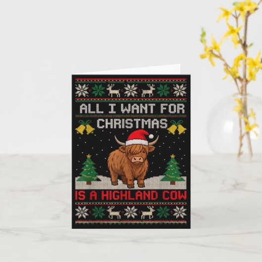 Highland Cow Christmas Ugly Sweater Style Festive  カード (黄色い花)