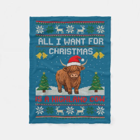 Highland Cow Christmas Ugly Sweater Style Festive フリースブランケット (正面)