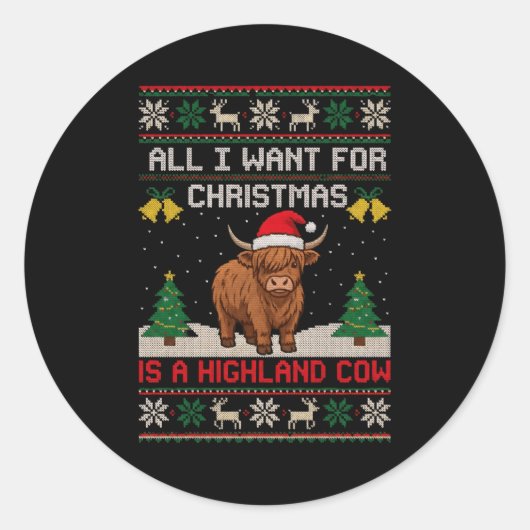 Highland Cow Christmas Ugly Sweater Style Festive  ラウンドシール (正面)