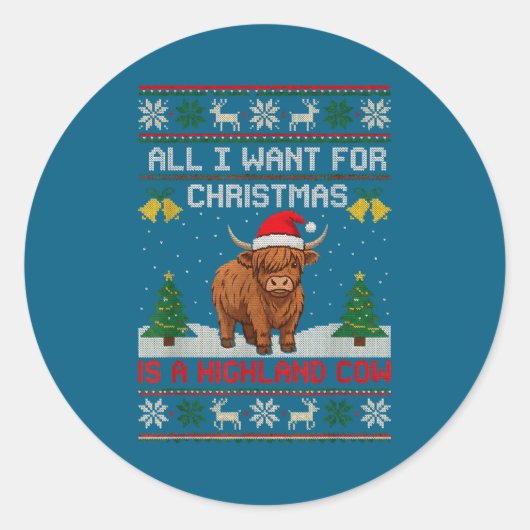 Highland Cow Christmas Ugly Sweater Style Festive  ラウンドシール (正面)