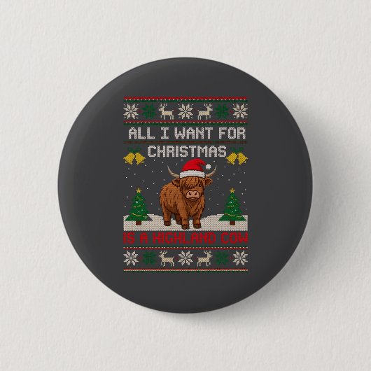 Highland Cow Christmas Ugly Sweater Style Festive 缶バッジ (正面)