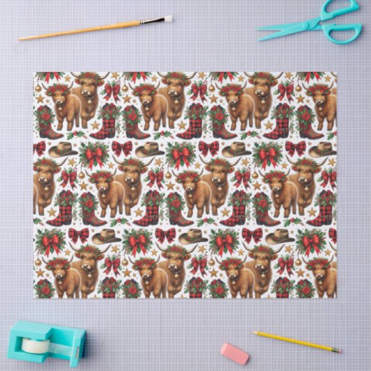 Highland Cow Christmas Wrapping Paper 薄葉紙 (クラフト)