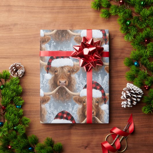 Highland Cow Christmas Wrapping Paper  Cozy Rustic ラッピングペーパー (クリスマスギフト)