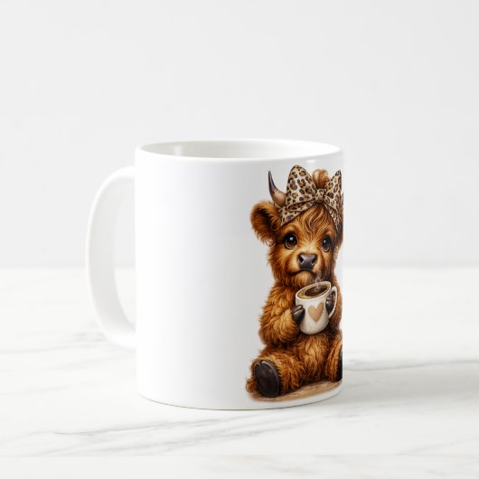 Highland Cow Coffee Wrap: Leopard Bow — Personaliz コーヒーマグカップ (正面左)