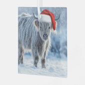 Highland Cow Cute in Snow Santa Hat ガラスオーナメント (正面左)